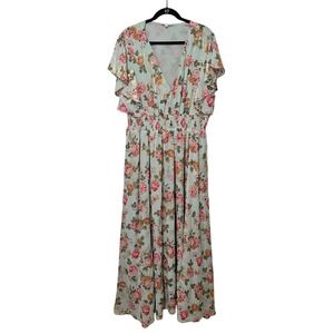 Baltic Born 3XL Lynlee Metallic Maxi Dress Floral Sage‎ Flutter Sleeve Smocked